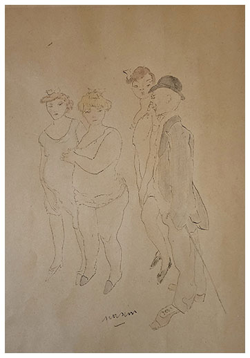The client and three girls, drawing by Jules PASCIN